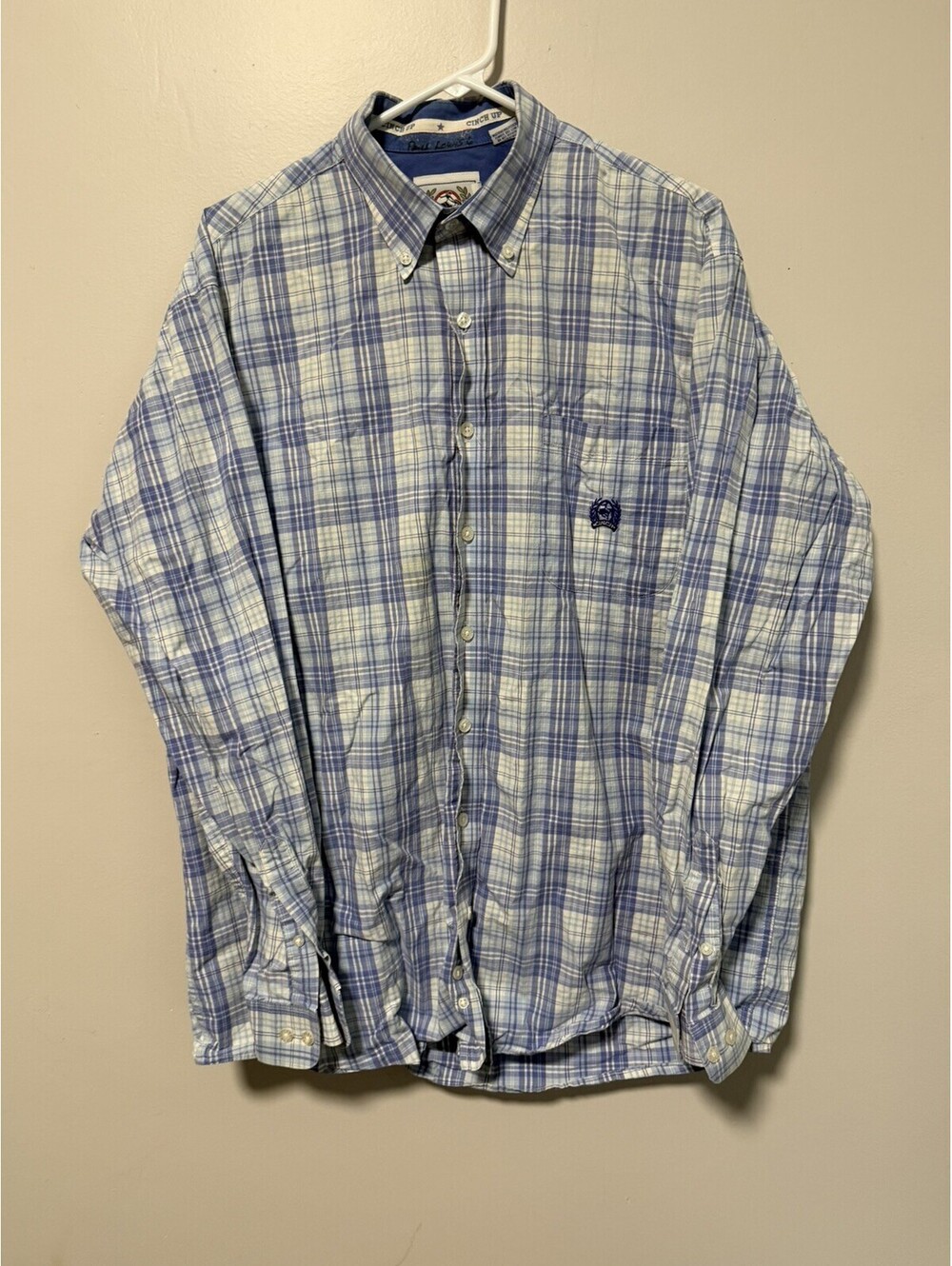 Vintage Cinch Mens L Blue Plaid Long Sleeve Button Down Western Cotton Cowboy